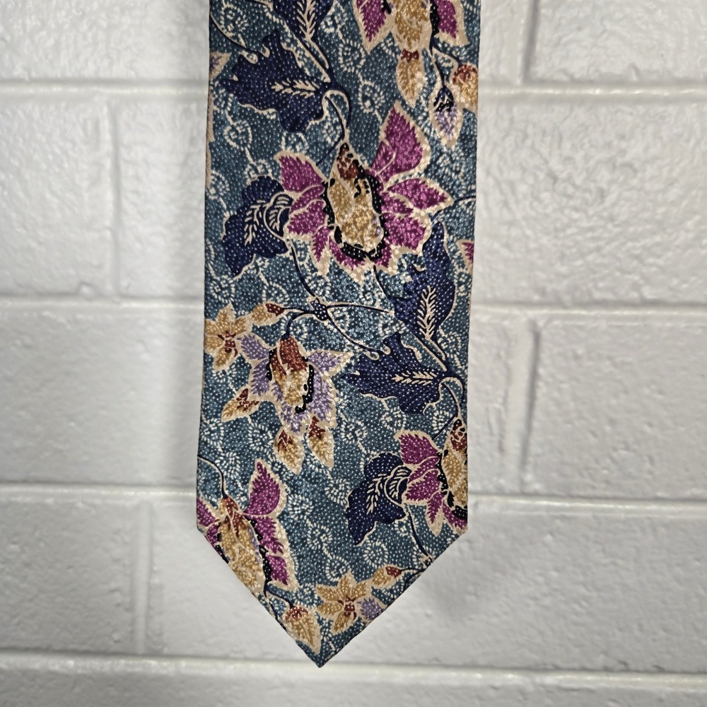 Vtg AKM 100% Silk Tie Mens Floral Batik Italian Handmade‎ USA 4x60 Spring Church